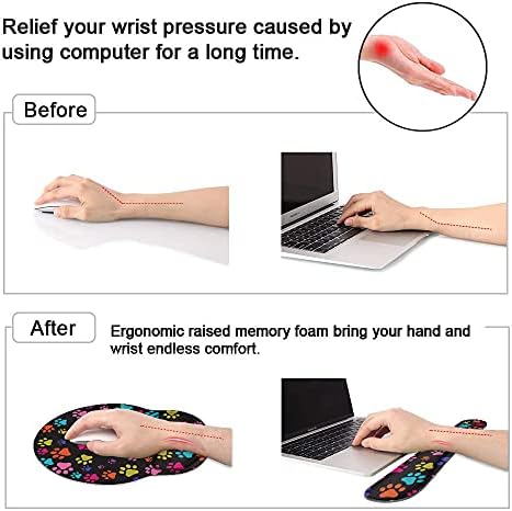 Keyboard Wrist Rest and Mouse Pad Wrist Rest Support Set with Coasters, Non-Slip PU Base for Gaming and Office, Comfortable & Lightweight for Easy Typing & Pain Relief - Colorful Dog Paw Print