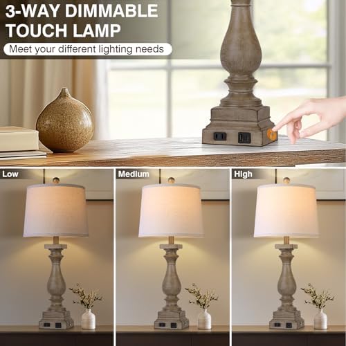 28" Tall Farmhouse Table Lamps Set of 2 with USB C+A Ports and AC Outlet, 3 Way Touch Control Rustic Bedside Lamp for Bedroom, Brown Vintage Nightstand Lamp for Living Room Office