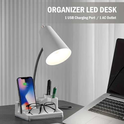 Desk Lamp Cute for Small Space, Lamp Desk with USB Port and Outlet, Desk Lamps for Home Office with Pen Holder, Study lamp for College Dorm Room, Flexible Arm, White