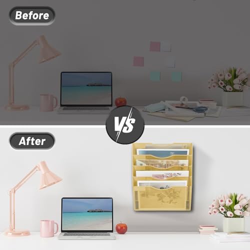 EASEPRES 5 Pocket Mesh Hanging Wall File Organizer, Wall Mounted Mail Paper Document Folder Holder, Clipboard Storage Organization Magazine Rack with Nametag Label for Office Home School, Gold