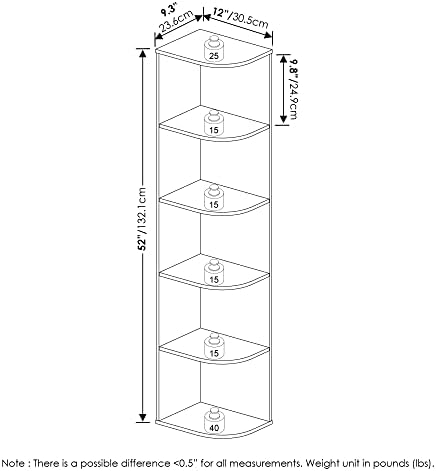 Furinno PASIR Book Shelf, 5-Tier Corner Bookshelf with Open Shelf, Standing Bookcase, 9.3 x 12 x 51.7, for Organization and Storage, for Living Room, Bedroom, Home Office, Blackwood