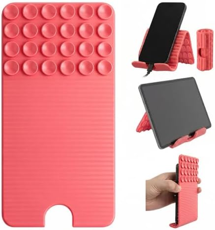 Flexible Silicone Aluminum Phone Holder Tablet Stand with Charging Port Design, Foldable Airplane Laptop/Phone Stand for Home Office Travel (Pink - with Suction)