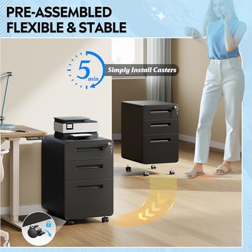 DEVAISE 3 Drawer File Cabinet with Lock, Fully Assembled Except Casters