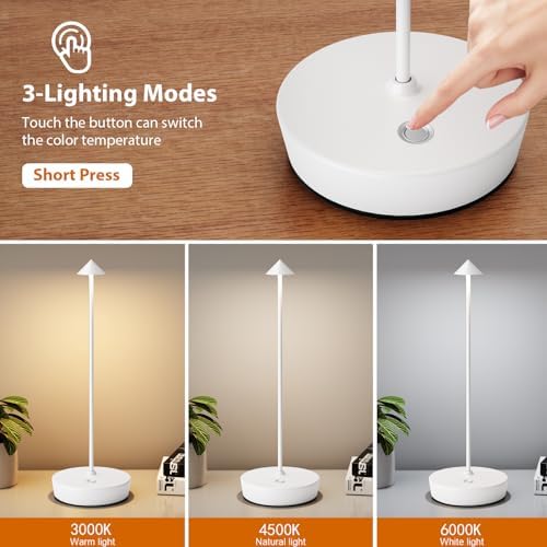 2Pack Rechargeable Cordless Table Lamp, Portable Powered LED Battery 6000mAh Metal USB Desk Lamp, 3 Levels Brightness Light for Restaurants Outdoor (2pack White)