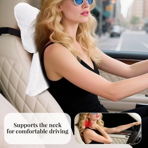 2 Pack Bow Car Headrest Pillows Plush Car Neck Pillows for Travel Driving Office Chair Head Support Cushions, Also Cute Car Decor Accessories (White)