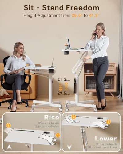 JOY worker Mobile Standing Desk, 28" White Rolling Laptop Desk with Wheels