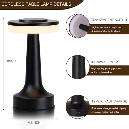 JHPGEOE Cordless Metal Desk Lamp, Touch Sensor Control LED Table Lamp,3 Color Stepless Dimmable Battery Powered Lamp for Living Room, Dorm, Home Office (Black)