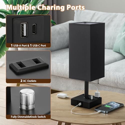 Black Bedside Table Lamps Set of 2 - Dimmable, USB C+A, 2 AC Outlets