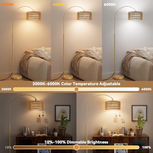 Ambimall Rustic Arc Floor Lamp, Color Temp and Brightness Adjustable, Gold