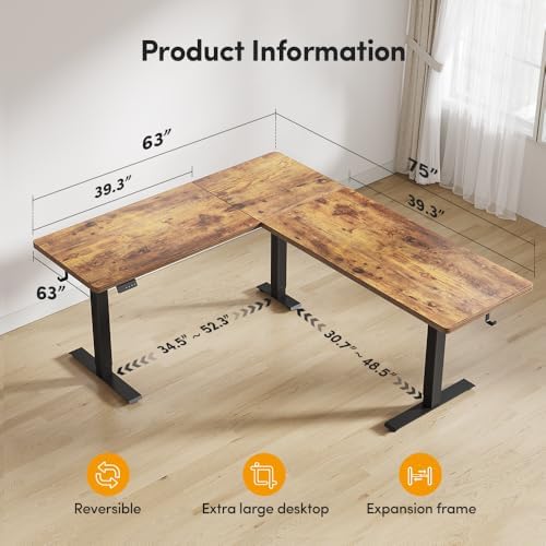 Cubiker 75 * 63" L Shaped Standing Desk, Reversible Corner Standing Desk, Suitable for Home Office, Rustic Brown