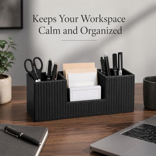 GORESE Pen Holder for Desk, PU Leather Desk Organizer for Office, Black
