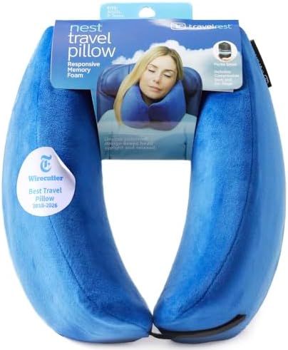 TRAVELREST Nest Neck Pillow Travel Essentials - Memory Foam Support - Blue