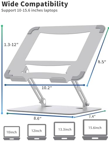SOUNDANCE Laptop Stand, Heavy Metal Base, Adjustable, 10-15.6", Silver