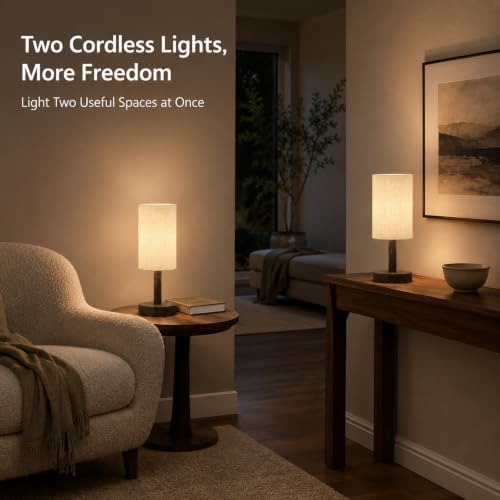 Small Rechargeable Cordless Table Lamp, Nightstand to Desk, Dark Walnut