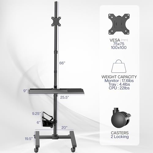 VIVO Black Mobile Computer Cart with Monitor Mount, CART-PC02T