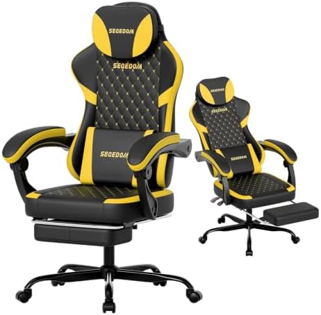 Ergonomic Gaming Chair with Footrest & Massage Lumbar Pillow, Height Adjustable 360° Swivel Computer Chair, Linked Armrest & Headrest for Office Gaming (Black Yellow)