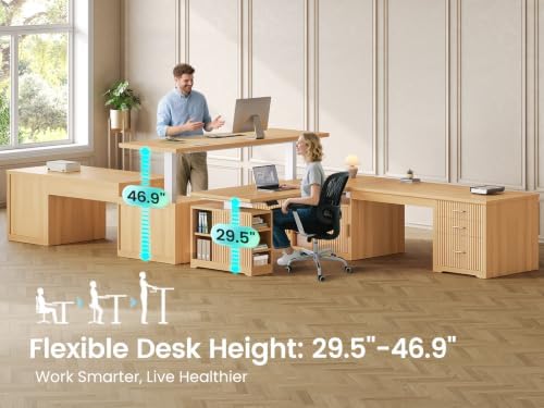 SEDETA Fluted L Shaped Standing Desk with Storage for Home Office, Oak