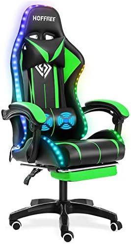 RGB Gaming Chair with LED Lights Massage Ergonomic Computer Chairs-Green
