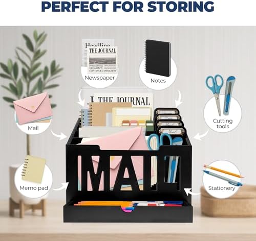 Mail Organizer Countertop, Desktop Mail Sorter with Drawer & Label Tags, BK