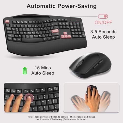 Wireless Keyboard and Mouse Combo, Full Size Ergonomic Wave Keys(Pink-B)