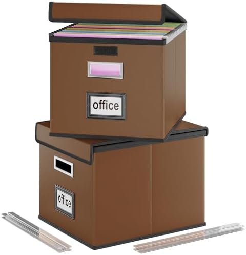 Foldable File Organizer Box with Lids (2 Pack, Brown, Leather)