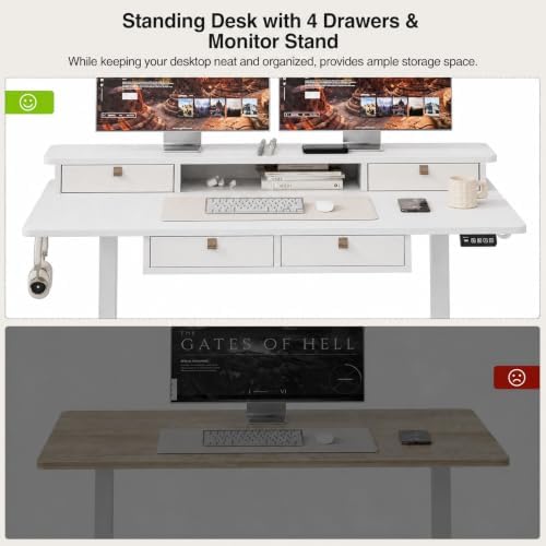 Grandder Electric Standing Desk with Four Drawers, Sit to Stand Up Height Adjustable Desk with Storage Shelf for Home Office, 47 * 28 Inch, Study, Ergonomic Adjustable Computer Desk, White