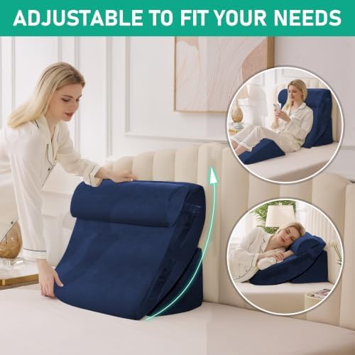 4PCS Wedge Pillow Set for After Surgery, Orthopedic Bed Wedge Pillow for Back Pain Relief, Sitting Up in Bed, Acid Reflux, Adjustable Post Surgery Pillows for GERD, Snoring, Velvet Navy
