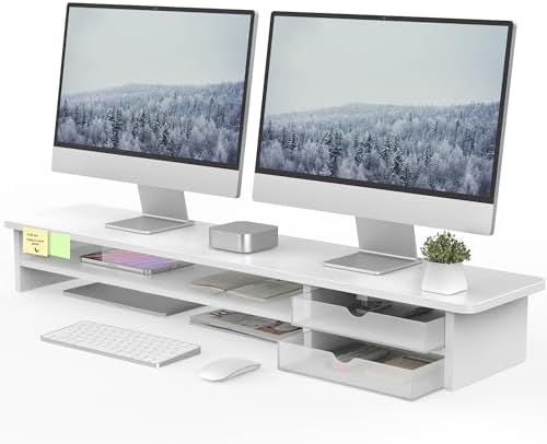 Fenge Monitor Stand, Desk Computer Riser with Frosted Storage Drawer, White