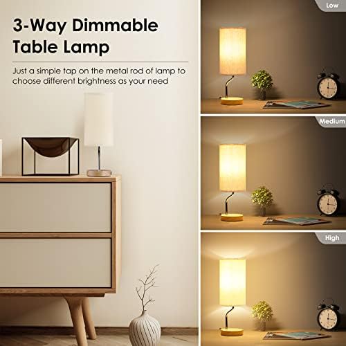 Smart Bedside Table Lamp Set of 2 with Wireless Charger & USB Port - Touch Control LED Desk Lamp for Bedroom, Dimmable Wooden Nightstand Lamp with Fabric Shade for Living Room, Kid's Room,(Cream)