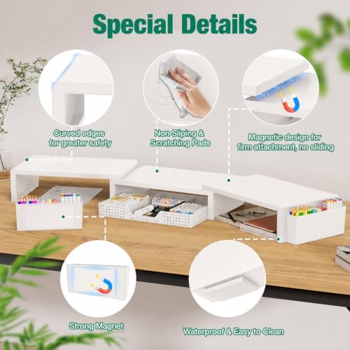 OPNICE Desk Organizer and Accessories, Computer Monitor Stand Riser with Drawer and 2 Pen Holders, Laptop Stand, Office Desk Accessories for Office Supplies, White