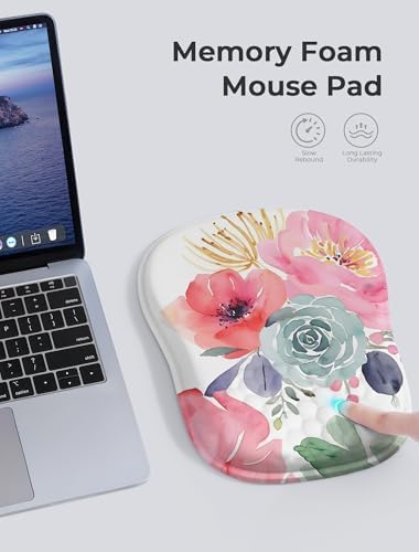 Watercolor Floral Ergonomic Mouse Pad for Carpal Tunnel Pain Relief, 65% Usable Mouse Area, Memory Foam Concave Wrist Rest for Office, PC, Gaming