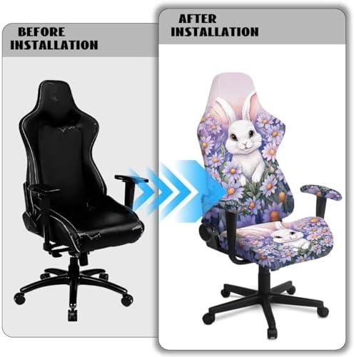 Rabbit Daisy Print Gaming Chair Cover Slipcovers 4pcs with Armrest Covers Washable Anti Scratch Furniture Protector Stretchable Office Chair Slipcover