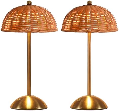 2 Pack Cordless Table Lamp,Rattan Boho Desk Lamps,Small Wicker Night Light