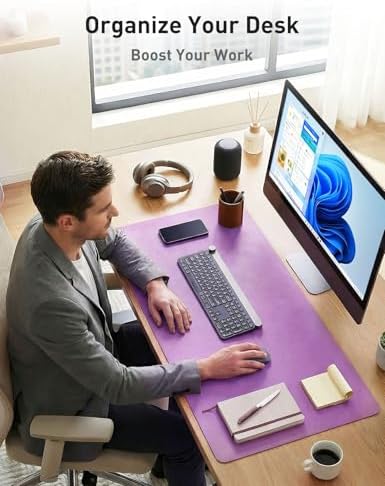 Aothia Faux Leather Desk Mat - Non-Slip PU Leather Desk Blotter, Waterproof Writing Surface, Large Desk Pad for Office & Home (Iris Violet, 55" x 17")