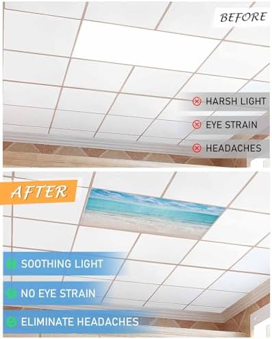 Ocean 4 Pcs Fluorescent Light Covers, Blue Sky Beach Waves Magnetic Filters Shade Panel Light Covers for Ceiling Lights Classroom Office Home Ceiling Decoration, 4 x 2 Ft