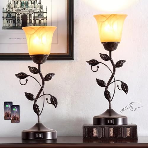 Set of 2 Touch Vintage Bedroom Leaf Table Lamps with 2 USB Ports