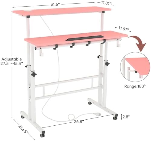 SIDUCAL Mobile Stand Up Desk with USB Ports and Outlets, Adjustable Laptop Desk on Wheels, Home Office Workstation, Rolling Laptop Cart for Standing or Sitting, 31.5" x 23.6"Pink