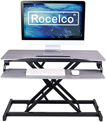 Rocelco Standing Desk Converter and Floor Mat - 31.5 Inch Sit Stand Up Dual Monitor Tabletop Riser with Tablet Mount, Height Adjustable Workstation - Deep Keyboard Tray - Gray (R VADRG-MAFM)