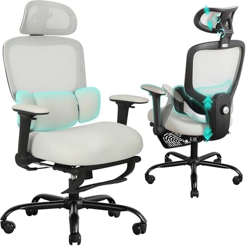 Ergonomic Office Chair with 4D Flip-Up Arms & Footrest, Mesh Desk Gaming Chair with 3D Headrest & 2D Floating Wing Lumbar Support, High Back Computer Chair for Home Office Vanity, Grey