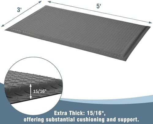 Anti Fatigue Mats Industrial 3' x 5' 15/16" Thick Ergonomic Standing Mat Commercial Heavy Duty Diamond Plate Shop Floor Mat Helps Relieve Back and Leg Soreness, Grey