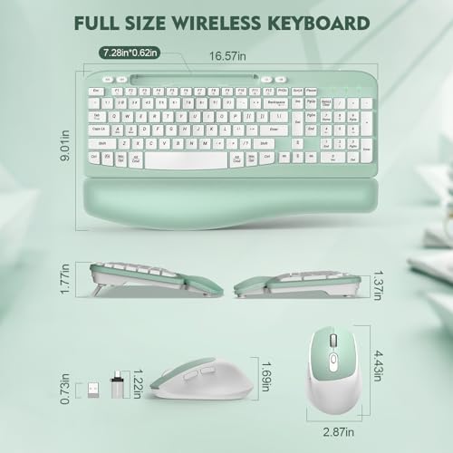 Wireless Keyboard and Mouse Combo, Full-Sized Ergonomic Wave Keys Keyboard with Memory Foam Wrist Rest & Phone Holder, 2.4G Quiet Keyboard Mouse Work Setup for PC Laptop, Office or Home (Mint Green)