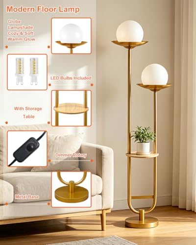 Lightdot 63IN 2 Globe Gold Floor Lamp Mid Century Standing Lamps Dimmable with 3000K Warm White LED Bulbs Unique Vintage Tall Floor Lamp with 5Lbs Heavy Base for Living Room/Wedding/Party