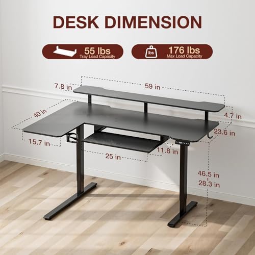 Acrolix 59" L Shaped Standing Desk with Shelves Keyboard Tray,Black Carbon