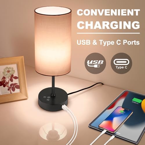 Unicozin Table Lamp for Bedroom, 3 Color Temperatures, 7 RGB Colors, Adjustable Brightness, Dual USB Charging Ports, Ambience Nightstand Light with Pink Shade, Desk Lamp for Kids Reading Home Office