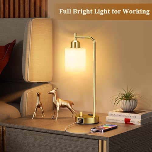 Innqoo Gold Lamp for Bedroom - Industrial Bedside Table Lamp with USB Port and Outlet, Fully Dimmable Nightstand Lamp with Opal Glass Shade, Small Desk Lamps for Home Office