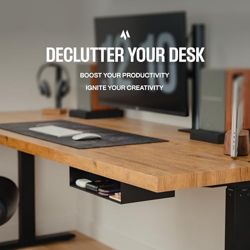 COREMINDED Under Desk Storage Shelf - Carbon Steel Under Desk Tray with Cable Management, Mountable Add-On Shelf for Table & Office Desks (7.5" x 8" x 2.8")