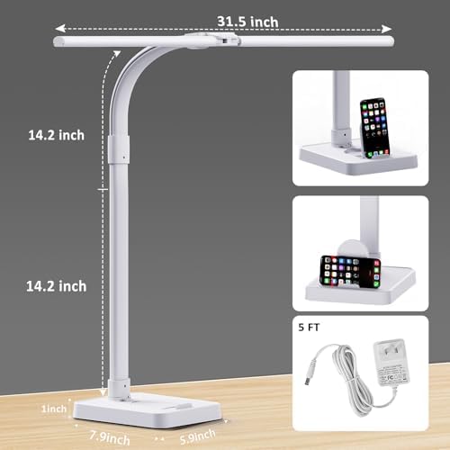 GAEFURY LED Desk Lamp for Home Office, 24W Bright Desk Lamp with Phone Holder Base - 25 Lighting Modes Eye-Caring Desk Light Adjustable Gooseneck Lamp for Workbench Drafting Reading Study-White