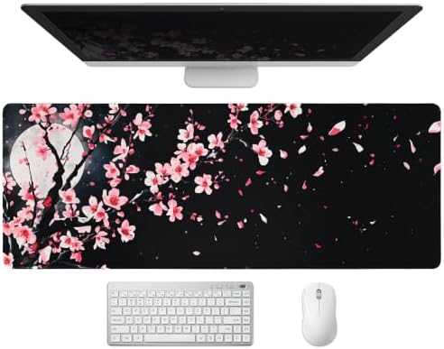 Extended Cherry Blossom Desk Mat, XL Large Gaming Mouse Pad, Japanese Sakura Moon Stitched Edges Waterproof with Non-Slip Rubber Base for Computer Keyboard Laptop Work Home Office 31.5"x11.8"
