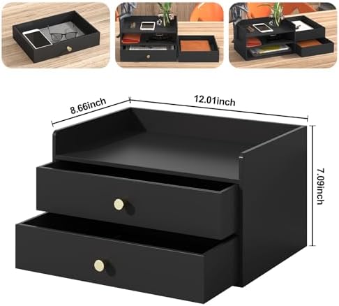 Bamboo Desk Organizer with Drawers,Wooden Desktop Storage(2 Drawers, Black)
