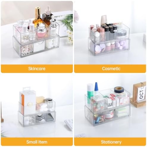 PAVSTINE Medicine Cabinet Organizer 2 Pack, Stackable Storage Drawers with Removable Divider, Make Up Organizer for Bathroom Mirror Cabinets, Vanity, Closet, Countertop - Clear